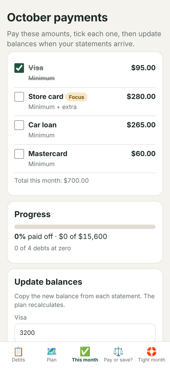 This month's payments, one amount per debt, with a focus debt